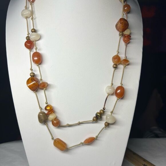 Vintage Polished Stone on Cord Opera Length Necklace (Shown Double) - Picture 1 of 7